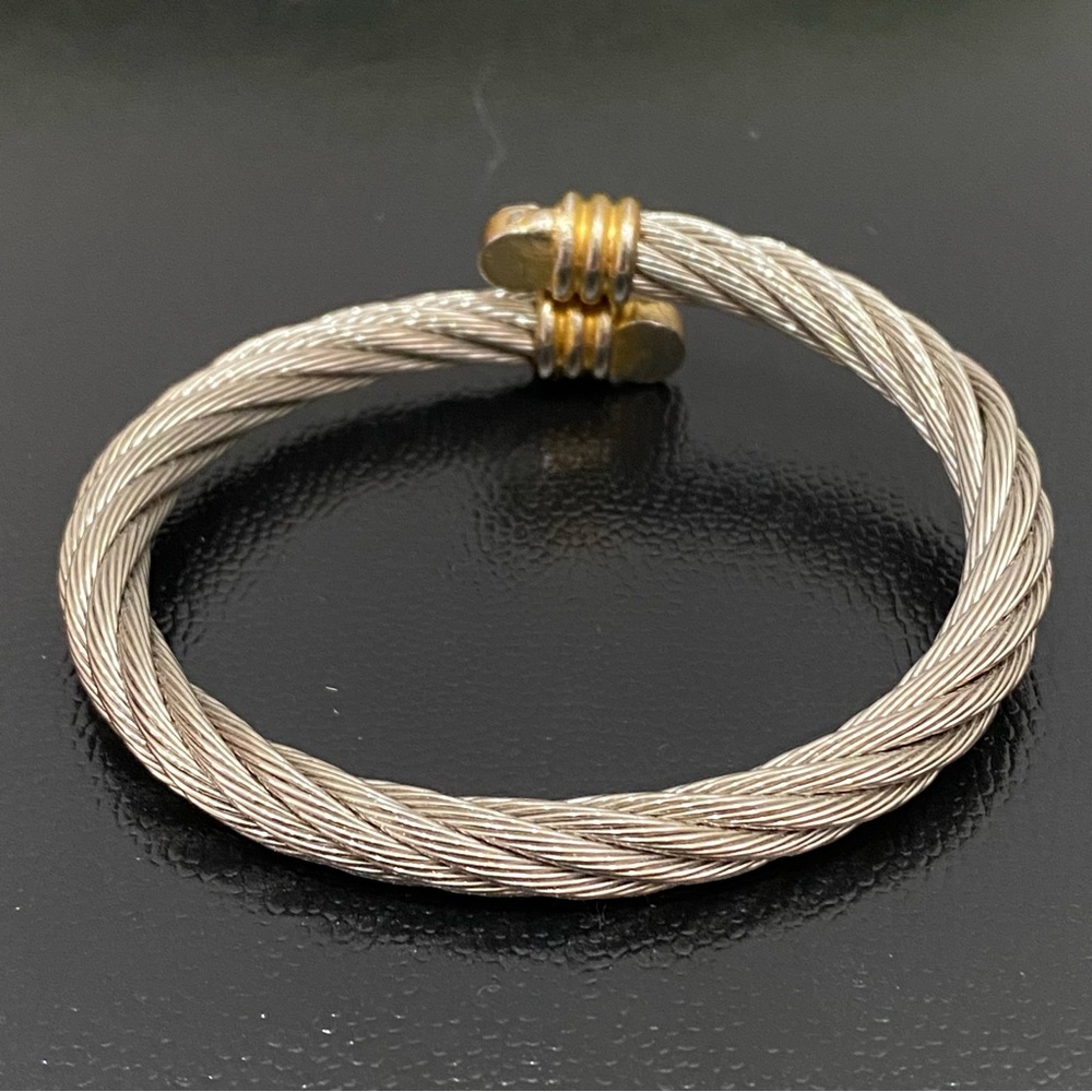 Unsigned Two-Tone Twisted Cable Open Cuff Cz End … - image 7
